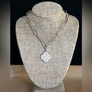 Clover Pave’ Crystal Pendant Paper Clip Chain Necklace NWOT